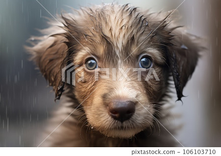 Homeless puppy photo realistic illustration - Generative AI. 106103710