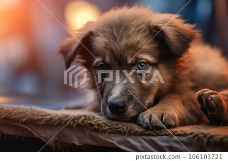 Homeless puppy photo realistic illustration - Generative AI. 106103721