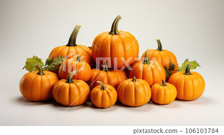 Many different pumpkins on white background. Choose best pumpkin for Halloween holiday decoration. 106103784