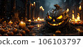 Big very spooky Halloween pumpkin, head jack lantern with evil face and burning eyes. Magical mood. Halloween Backdrop. 106103797