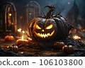 Big very spooky Halloween pumpkin, head jack lantern with evil face and burning eyes. Magical mood. Halloween Backdrop. 106103800
