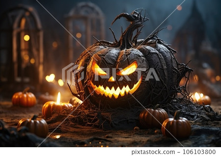 Big very spooky Halloween pumpkin, head jack lantern with evil face and burning eyes. Magical mood. Halloween Backdrop. 106103800