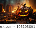 Big very spooky Halloween pumpkin, head jack lantern with evil face and burning eyes. Magical mood. Halloween Backdrop. 106103801