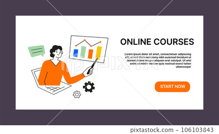 Online course, ui layout page, distant education web banner, study marketing, data science, business class, video lesson, online teacher vector illustration, interface for website, e-learning app Online course, ui layout page, distant education web banner, study marketing, data science, business class, video lesson, online teacher vector illustration, interface for website, e-learning app 106103843