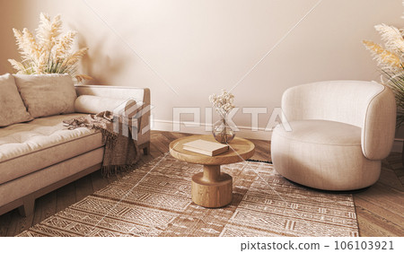 Japandi boho beige interior with sofa and armchair background. Light modern australian livingroom. 3d rendering. High quality 3d illustration Japandi boho beige interior with sofa and armchair background. Light modern australian livingroom. 3d rendering. High quality 3d illustration 106103921