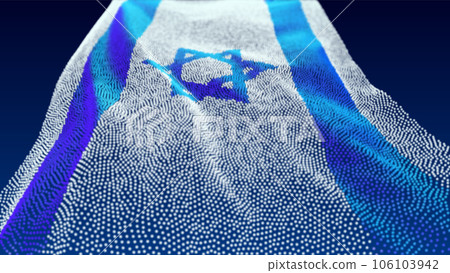 Flag of Israel made of luminous dots, bottom view. Fluttering in the wind. Vector. 106103942