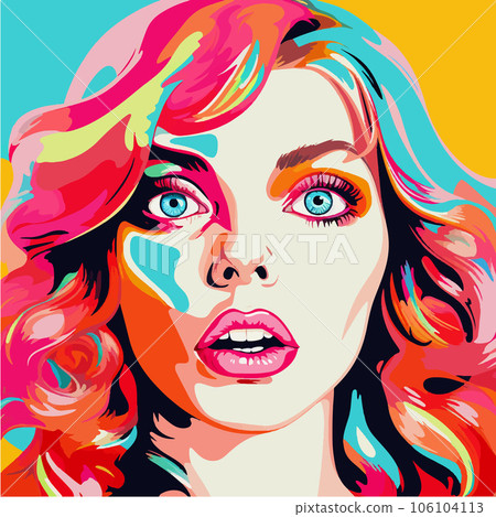 Beautiful colorful portrait of a pretty scared woman. Vibrant pink pop art illustration of a lady emotional face in panic 106104113
