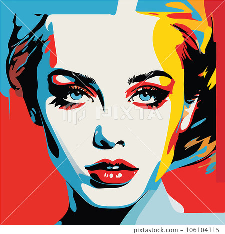 Beautiful colorful portrait of a pretty young woman with tense stare. Vibrant orange, red and blue pop art illustration of a focused, thoughtful lady close-up face 106104115