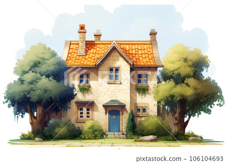 Idyllic cottage living charming exterior of a country house watercolor illustration. Generative AI Idyllic cottage living charming exterior of a country house watercolor illustration. Generative AI 106104693