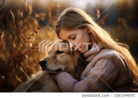 Young teenage girl and dog heartfelt hugging in autumn sunset in nature field. Generative AI 106104695