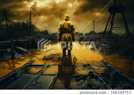 Man in yellow chemical safety uniform standing on radioactive poisoned street. Generative AI 106104753