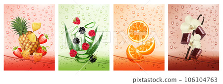 Set of labels with fruit and vegetables drink. Fresh fruits water splashing together- pineapple, strawberry, aloe vera, raspberry, orange, chocolate, vanilla in water drink splashing. Vector 106104763