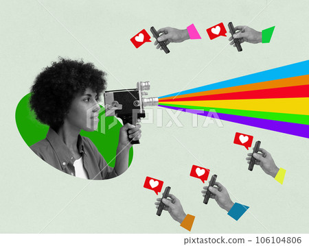 Young female influencer filming on a camera. Collage about positive comments on social media. Young female influencer filming on a camera. Collage about positive comments on social media. 106104806