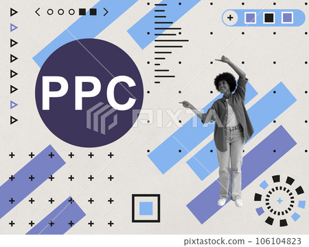 Collage with woman pointing at abbreviation PPC Pay per click. 106104823