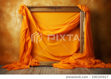 Vintage photo frame with orange drapery of silk satin linen cloth fabric textile on wooden floor. Generative AI Vintage photo frame with orange drapery of silk satin linen cloth fabric textile on wooden floor. Generative AI 106104827