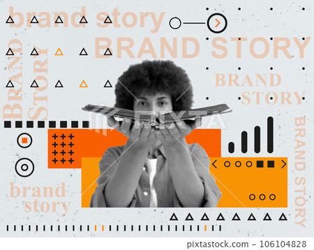 Collage about brand story. Young woman holding an open book. Collage about brand story. Young woman holding an open book. 106104828