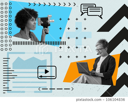 Collage with woman with camera and typing woman. Content Marketing for branding. Collage with woman with camera and typing woman. Content Marketing for branding. 106104836