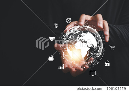 Worldwide Data Analysis, A businessman harnesses power of technology, using a dashboard to analyze big data. world map in background represents global scope of business intelligence. 106105259