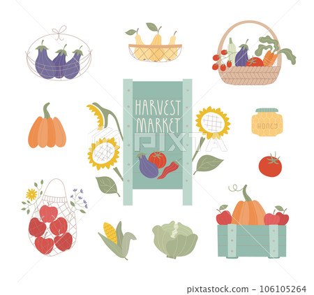 Vector set of cozy autumn illustrations. Traditional fall harvest festival design elements. Wood banner, vegetables, fruits in basket, box, bag for stickers, card, invitation. Vector set of cozy autumn illustrations. Traditional fall harvest festival design elements. Wood banner, vegetables, fruits in basket, box, bag for stickers, card, invitation. 106105264