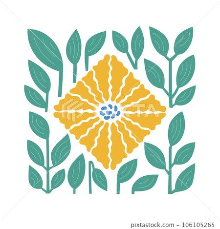Groovy abstract flower wall art, poster, card template. Square shape daisy with leaves. Groovy abstract flower wall art, poster, card template. Square shape daisy with leaves. 106105265