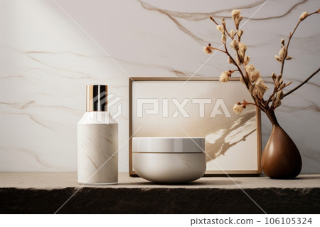 Cream bottle mockup for natural skincare on marble background. Generative AI Cream bottle mockup for natural skincare on marble background. Generative AI 106105324