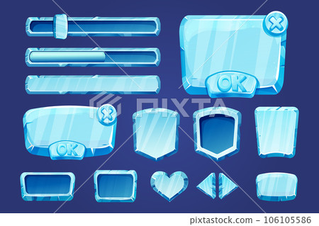 Set game menu assets ice buttons, interface elements 2d in cartoon style isolated. Blocks, shapes frozen gui panels, sliders, arrows. Set game menu assets ice buttons, interface elements 2d in cartoon style isolated. Blocks, shapes frozen gui panels, sliders, arrows. 106105586