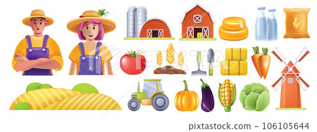 3D farm icon set, agriculture produce market vector pictogram, village rural building, tractor. 3D farm icon set, agriculture produce market vector pictogram, village rural building, tractor. 106105644
