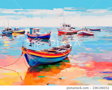 boats at sunset Watercolor boat on ocean sea - Stock