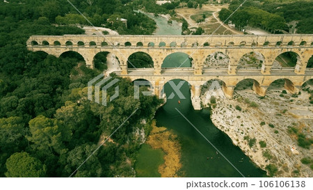 Aerial view of the Pont du Gard, the Roman aqueduct bridge of Nimes, France 106106138
