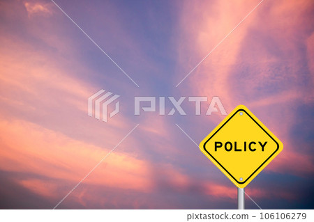 Yellow transportation sign with word policy on violet sky background Yellow transportation sign with word policy on violet sky background 106106279