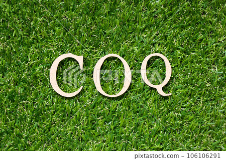 Wood alphabet letter in word COQ (Abbreviation of cost of quality) on artificial green grass background 106106291