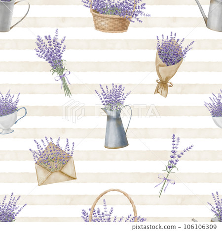 Lavender seamless Pattern with floral Provence bouquets. Hand drawn watercolor illustration of vintage ornament on a striped background for wrapping paper or textile design. Botanical backdrop. 106106309