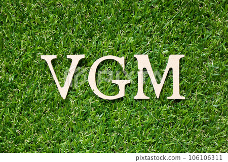 Wood alphabet letter in word VGM (abbreviation of verified gross mass) on artificial green grass background 106106311
