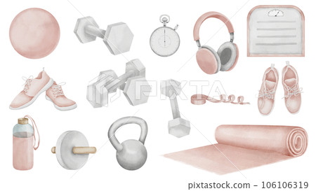 Women's Fitness equipment Set. Hand drawn watercolor illustration of Sports fit ball and yoga mat on isolated background for clipart. Drawing with sneakers and headphones. Dumbbell and kettlebell. 106106319