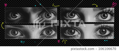 Set of vector female eyes as if png elements cut out of a magazine. Vibrant acid trend colors on transparent background. Emotional eye for collage. Vector illustration 106106670