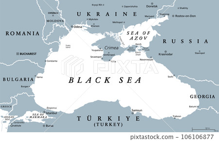 Black Sea region, gray political map. Marginal mediterranean sea of the Atlantic Ocean, between Europe and Asia. With Crimea, Sea of Azov, Sea of Marmara, Bosporus, Dardanelles and the Kerch Strait. 106106877