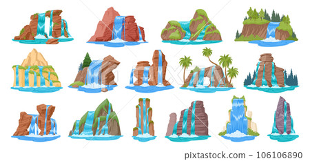 Cartoon waterfalls. River streams waterfall landscape with mountains and trees, wild nature streaming water cascade flat vector illustration set. Mountain river waterfall collection 106106890