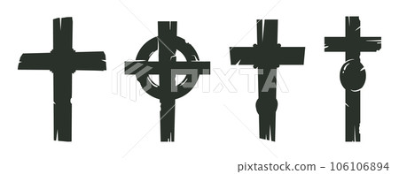 Grave crosses. Cartoon halloween spooky decoration silhouettes, old cemetery crosses flat vector illustration set. Halloween party gloomy decor Grave crosses. Cartoon halloween spooky decoration silhouettes, old cemetery crosses flat vector illustration set. Halloween party gloomy decor 106106894