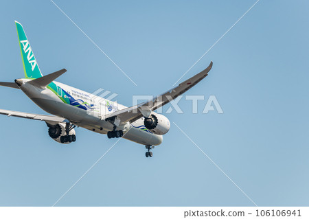[從城南島海濱公園上空降落的全日空綠色噴氣式飛機的後視圖] 106106941