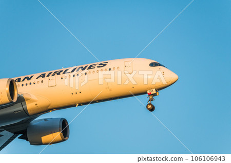 [JAL aircraft ready to land from the sky above Jonanjima Seaside Park at sunset] 106106943