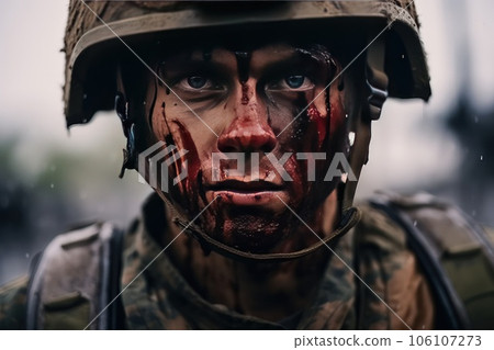 A soldier with a dirty bloody face looks at the camera. A soldier with a dirty bloody face looks at the camera. 106107273