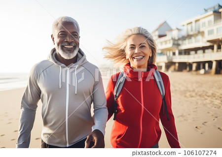Middle aged sporty couple smiling while looking at the camera. Middle aged sporty couple smiling while looking at the camera. 106107274