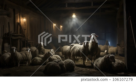 Few sheeps in a barn on a small farm. Few sheeps in a barn on a small farm. 106107279