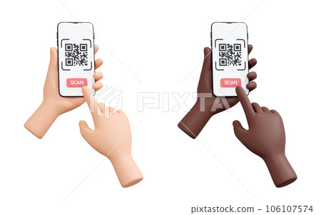 QR code reading 3d render illustration. Mobile phone in two human hands with barcode on screen. Hand pushing button with index finger. Cashless payment or searching information via qrcode. QR code reading 3d render illustration. Mobile phone in two human hands with barcode on screen. Hand pushing button with index finger. Cashless payment or searching information via qrcode. 106107574