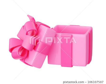 Open gift box with cover laying near 3d render illustration. Pastel pink empty surprise package with ribbon and bow for Christmas, birthday or anniversary present, holiday or winner concept. 106107587