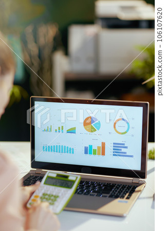 Seen from behind modern female working with charts Seen from behind modern female working with charts 106107620