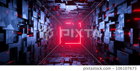 Sci-fi rectangular tunnel with neon red square sign concept background Sci-fi rectangular tunnel with neon red square sign concept background 106107673