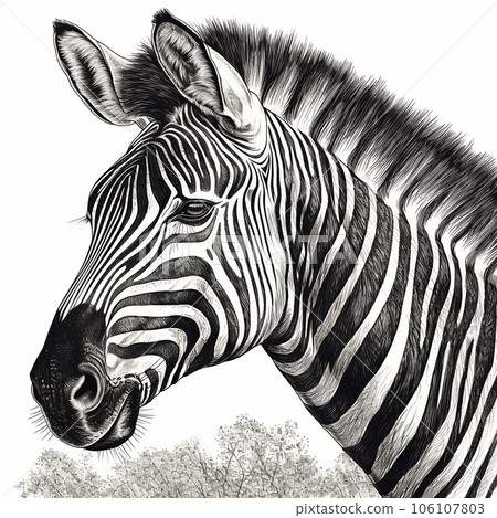 Zebra head on the background of the African savannah, engraving style, close-up portrait, black and white drawing 106107803