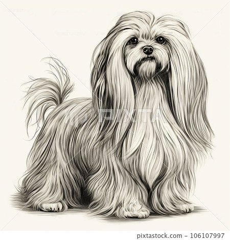 Maltese, engraving style, close-up portrait, black and white drawing, cute dog Maltese, engraving style, close-up portrait, black and white drawing, cute dog 106107997