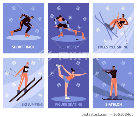 Winter sports people cards. Competitions and Olympic games. Professional athletes. Ice hockey. Figure skating. Biathlon and freestyle skiing. Short track. Vector sportsman banners set 106108463
